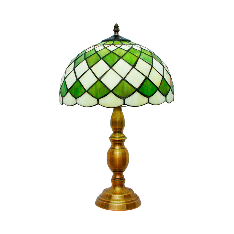 Single Bulb Dome Nightstand Lamp Classic Green Hand Cut Glass Desk Light with Grid Pattern Clearhalo 'Lamps' 'Table Lamps' Lighting' 1694218