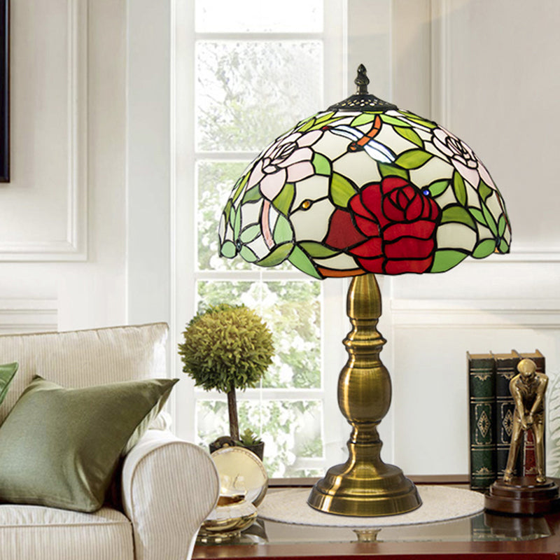 Brass 1 Light Night Lamp Traditional Green Glass Dome Task Lighting with Rose and Dragonfly Pattern Brass Clearhalo 'Lamps' 'Table Lamps' Lighting' 1694257