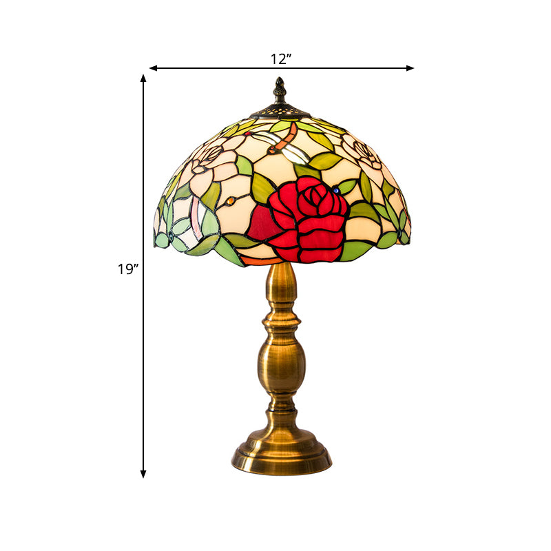 Brass 1 Light Night Lamp Traditional Green Glass Dome Task Lighting with Rose and Dragonfly Pattern Clearhalo 'Lamps' 'Table Lamps' Lighting' 1694260
