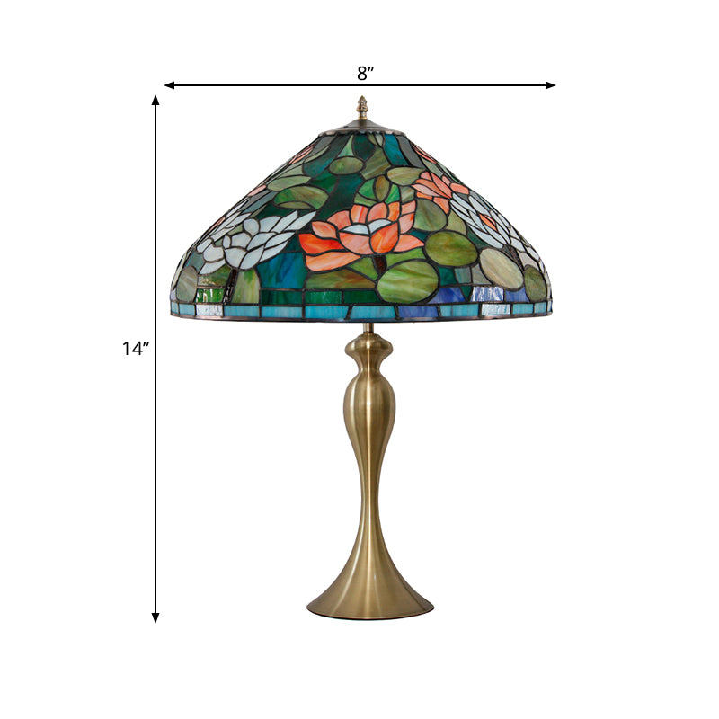 1 Head Night Light Vintage Conical Multicolored Stained Glass Desk Lamp with Lotus Pattern in Brass Clearhalo 'Lamps' 'Table Lamps' Lighting' 1694264