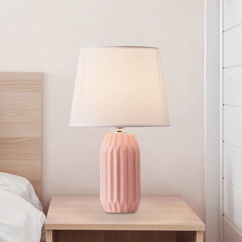 Cone Reading Light Nordic Fabric 1-Head Pink/Blue/Lemon Green Nightstand Lamp with Cylinder Ceramic Base Pink Clearhalo 'Lamps' 'Table Lamps' Lighting' 1694289
