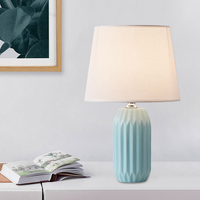 Cone Reading Light Nordic Fabric 1-Head Pink/Blue/Lemon Green Nightstand Lamp with Cylinder Ceramic Base Blue Clearhalo 'Lamps' 'Table Lamps' Lighting' 1694293