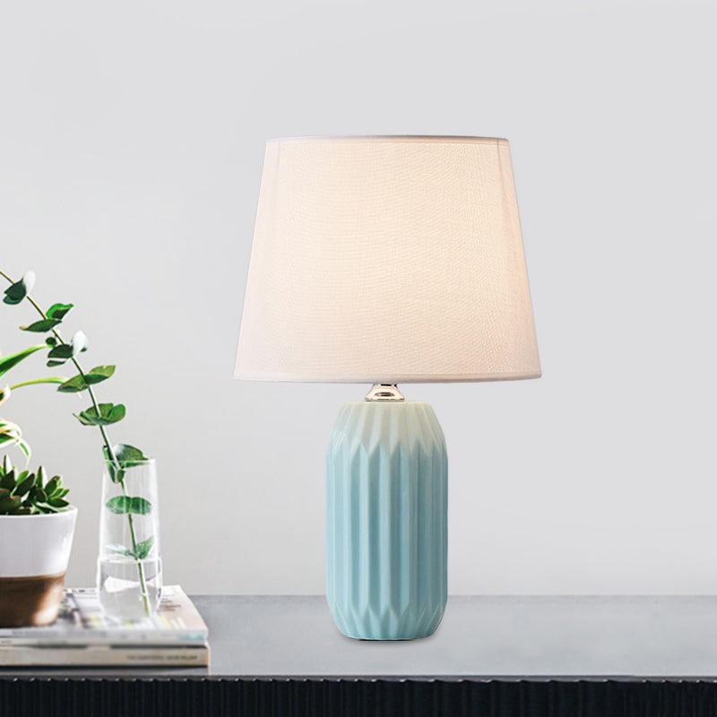Cone Reading Light Nordic Fabric 1-Head Pink/Blue/Lemon Green Nightstand Lamp with Cylinder Ceramic Base Clearhalo 'Lamps' 'Table Lamps' Lighting' 1694294
