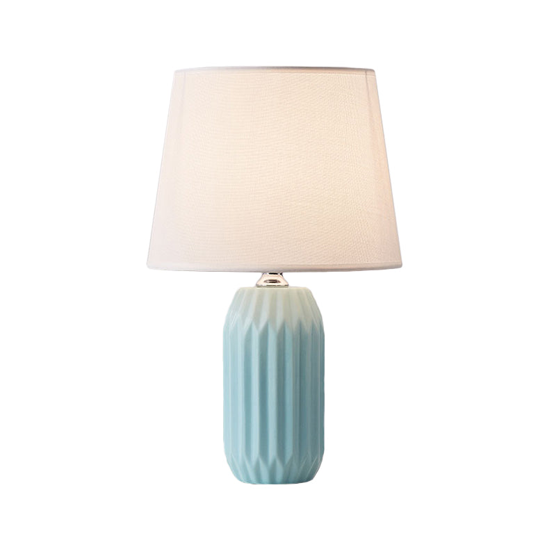 Cone Reading Light Nordic Fabric 1-Head Pink/Blue/Lemon Green Nightstand Lamp with Cylinder Ceramic Base Clearhalo 'Lamps' 'Table Lamps' Lighting' 1694295