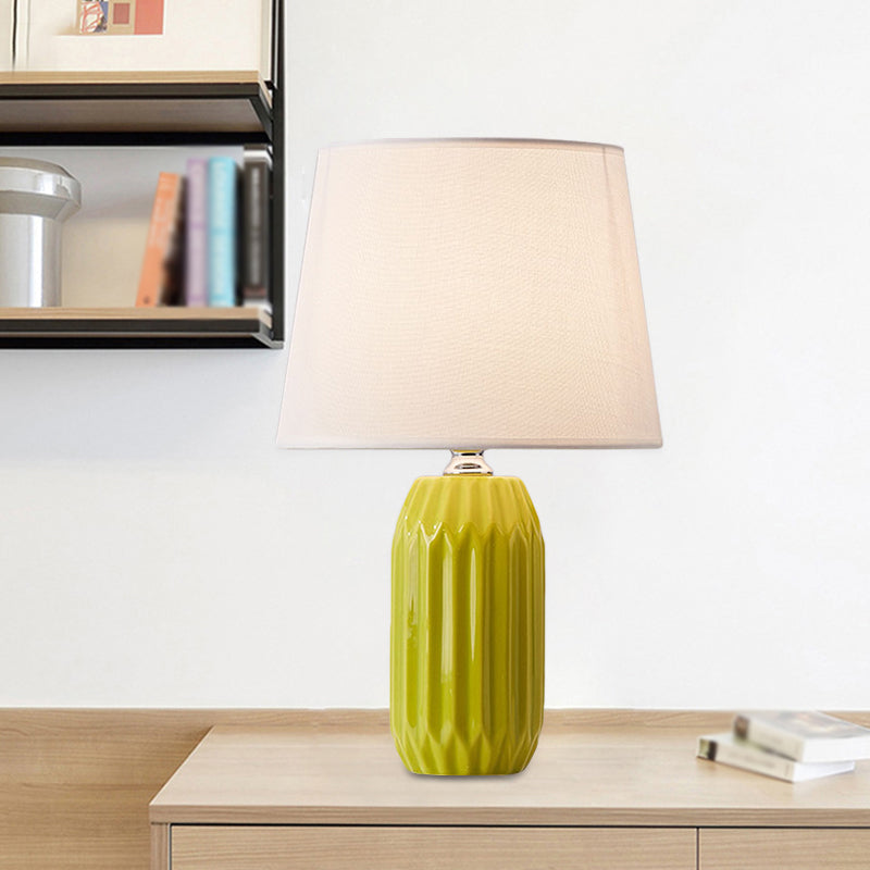 Cone Reading Light Nordic Fabric 1-Head Pink/Blue/Lemon Green Nightstand Lamp with Cylinder Ceramic Base Lemon Green Clearhalo 'Lamps' 'Table Lamps' Lighting' 1694297