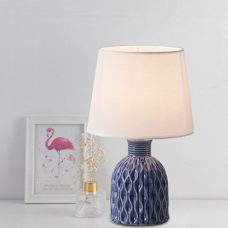 Cone Table Lamp Contemporary Fabric 1 Bulb Pink/Lemon Green/Royal Blue Reading Light with Ceramic Base Royal Blue Clearhalo 'Lamps' 'Table Lamps' Lighting' 1694309