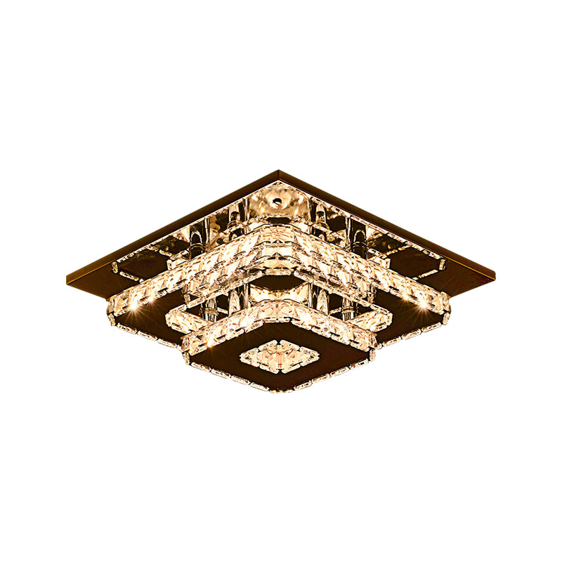 2-Tier Square Crystal Ceiling Fixture Contemporary 12"/26.5" Wide Stainless-Steel LED Flush Mount Lighting Clearhalo 'Ceiling Lights' 'Close To Ceiling Lights' 'Close to ceiling' 'Flush mount' Lighting' 1694327