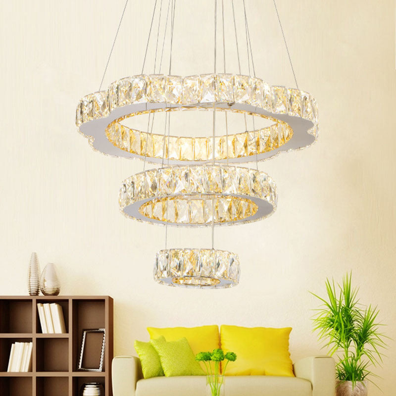 Beveled Crystal 3-Tier Down Lighting Contemporary LED Chrome Ceiling Chandelier for Parlor Chrome Clearhalo 'Ceiling Lights' 'Chandeliers' 'Modern Chandeliers' 'Modern' Lighting' 1694338