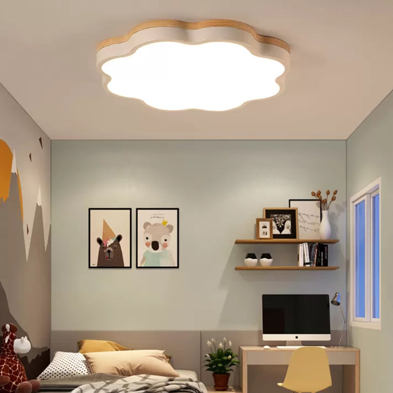 Modern Wood Ceiling Light, Floral Shade Flush Mount Light in White for Kids Bedroom Clearhalo 'Ceiling Lights' 'Close To Ceiling Lights' 'Close to ceiling' 'Flush mount' Lighting' 169435