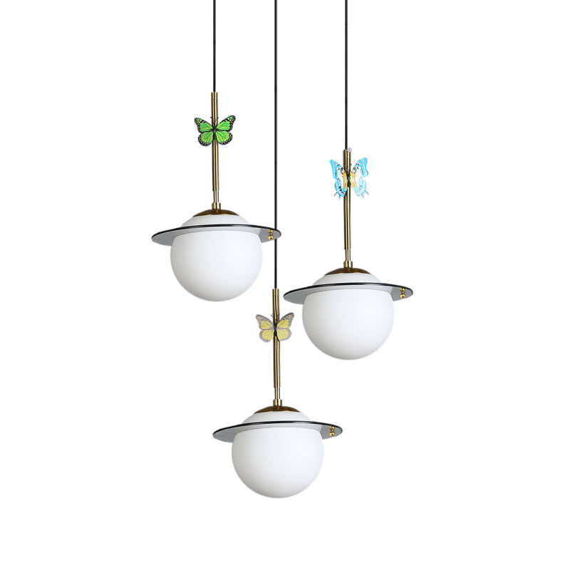 Opal Glass Global Hanging Light Cartoon 3-Bulb White/Clear/Smoky Pendant Lighting with Round/Linear Canopy and Dragonfly Deco Clearhalo 'Ceiling Lights' 'Modern Pendants' 'Modern' 'Pendant Lights' 'Pendants' Lighting' 1694364