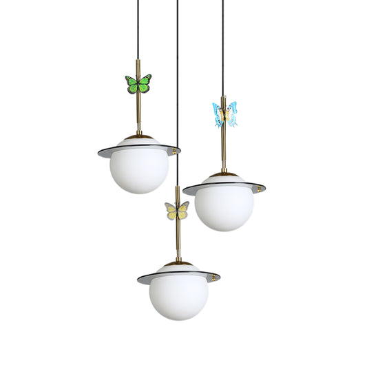 Opal Glass Global Hanging Light Cartoon 3-Bulb White/Clear/Smoky Pendant Lighting with Round/Linear Canopy and Dragonfly Deco Clearhalo 'Ceiling Lights' 'Modern Pendants' 'Modern' 'Pendant Lights' 'Pendants' Lighting' 1694364