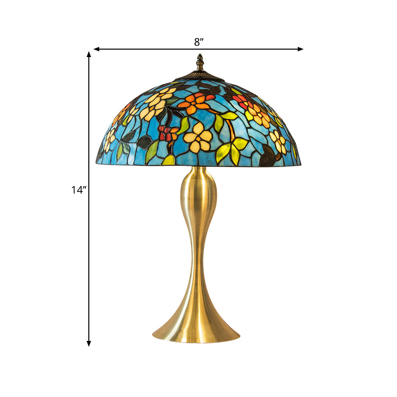 Dome Stained Glass Nightstand Lamp Mediterranean 1-Light Blue Task Lighting with Flower Pattern Clearhalo 'Lamps' 'Table Lamps' Lighting' 1694386