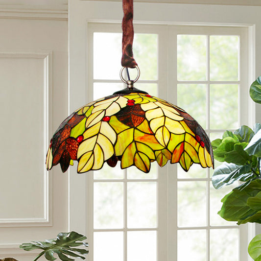 Leave Handcrafted Art Glass Drop Lamp Tiffany 3-Head Yellow Chandelier Light with Jewel Deco Clearhalo 'Ceiling Lights' 'Chandeliers' 'Close To Ceiling Lights' 'Industrial' 'Middle Century Chandeliers' 'Tiffany Chandeliers' 'Tiffany close to ceiling' 'Tiffany' Lighting' 1694392