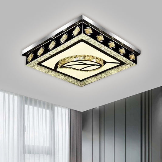 Square Flush Light Fixture Modern Clear Crystal Living Room LED Ceiling Lamp in Nickel with Leaf/Cubic Pattern Clearhalo 'Ceiling Lights' 'Close To Ceiling Lights' 'Close to ceiling' 'Flush mount' Lighting' 1694412