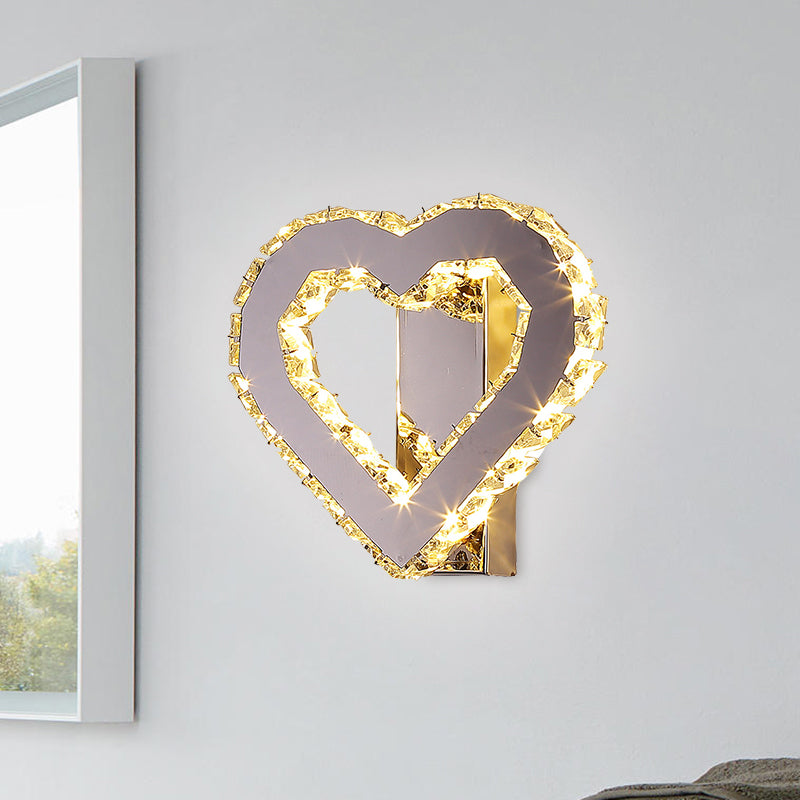 Contemporary Loving Heart Sconce Faceted Crystal LED Bedside Wall Lighting Fixture in Stainless-Steel Stainless-Steel Clearhalo 'Modern wall lights' 'Modern' 'Wall Lamps & Sconces' 'Wall Lights' Lighting' 1694424