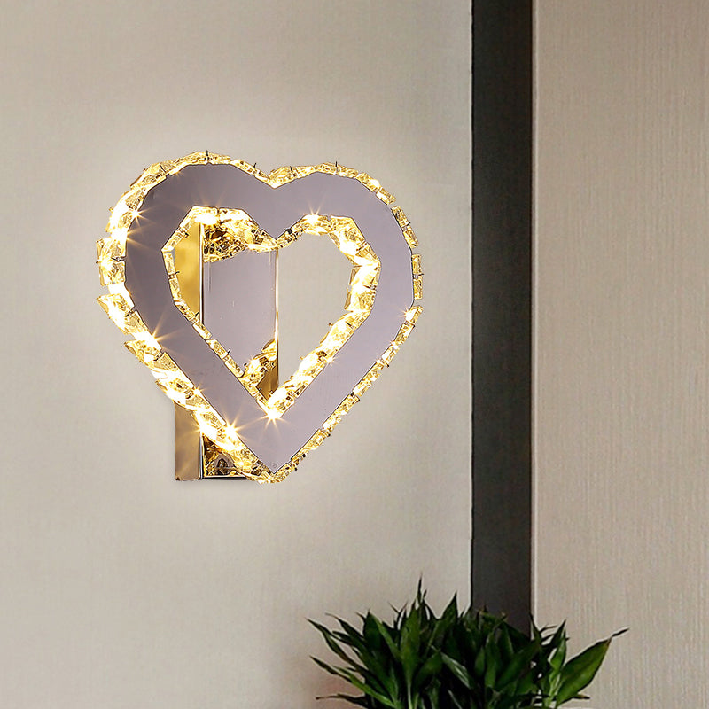 Contemporary Loving Heart Sconce Faceted Crystal LED Bedside Wall Lighting Fixture in Stainless-Steel Clearhalo 'Modern wall lights' 'Modern' 'Wall Lamps & Sconces' 'Wall Lights' Lighting' 1694425