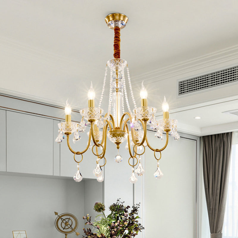 Gold Swirled Arm Pendant Chandelier Simple 6-Bulb Metal Hanging Light Fixture with Crystal Droplet Gold Clearhalo 'Ceiling Lights' 'Chandeliers' 'Modern Chandeliers' 'Modern' Lighting' 1694478