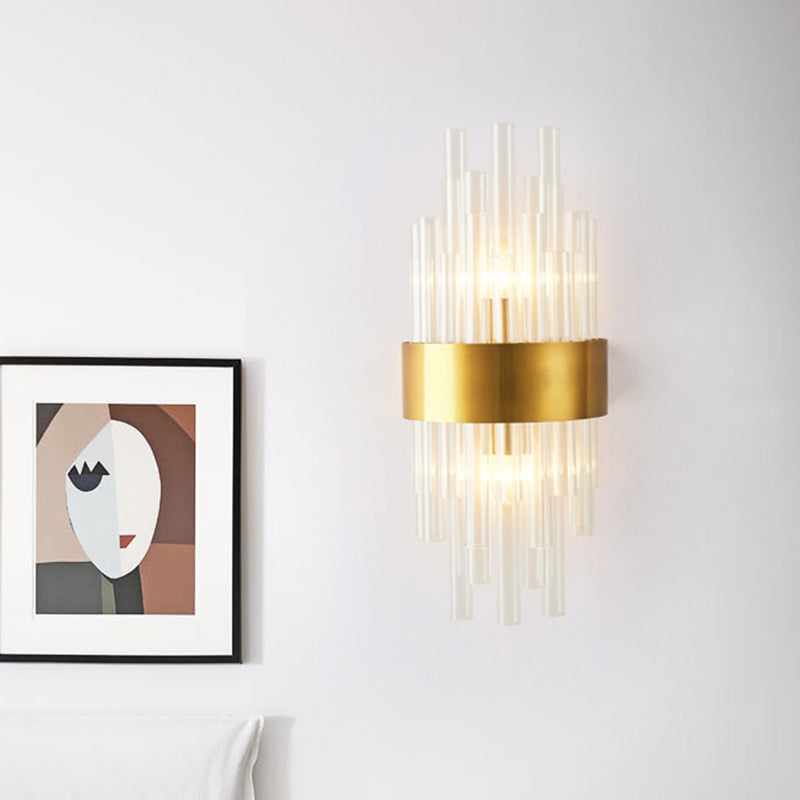 Gold Finish Half Shade Wall Mount Light Modern 2 Heads Crystal Tube Wall Lighting Ideas for Corridor Gold Clearhalo 'Modern wall lights' 'Modern' 'Wall Lamps & Sconces' 'Wall Lights' Lighting' 1694631
