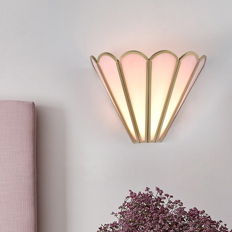 Brass Badminton Wall Light Fixture Cartoon 1-Light Pink Glass Wall Mount Lamp for Living Room Clearhalo 'Wall Lamps & Sconces' 'Wall Lights' Lighting' 1694696