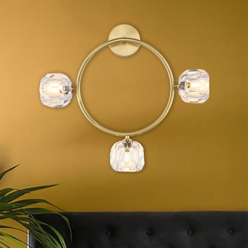 Ring/Square Wall Light Fixture Contemporary 3 Heads Brass Finish Wall Sconce with Modo Clear Crystal Shade Brass B Clearhalo 'Modern wall lights' 'Modern' 'Wall Lamps & Sconces' 'Wall Lights' Lighting' 1694790