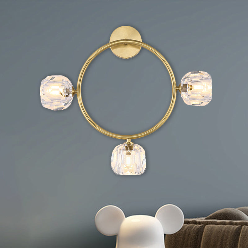 Ring/Square Wall Light Fixture Contemporary 3 Heads Brass Finish Wall Sconce with Modo Clear Crystal Shade Clearhalo 'Modern wall lights' 'Modern' 'Wall Lamps & Sconces' 'Wall Lights' Lighting' 1694791