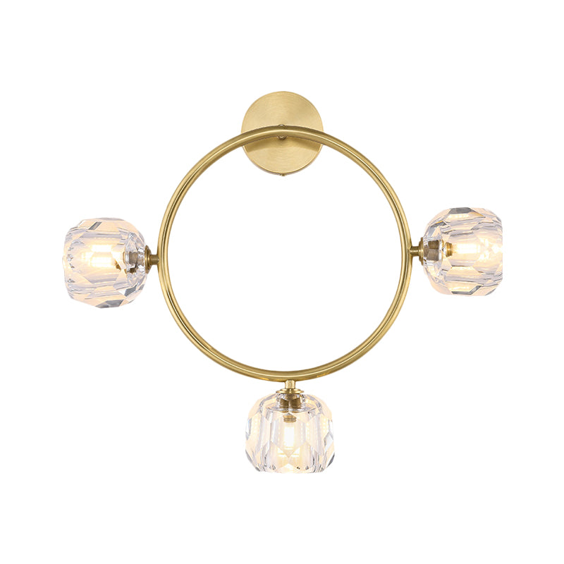 Ring/Square Wall Light Fixture Contemporary 3 Heads Brass Finish Wall Sconce with Modo Clear Crystal Shade Clearhalo 'Modern wall lights' 'Modern' 'Wall Lamps & Sconces' 'Wall Lights' Lighting' 1694792