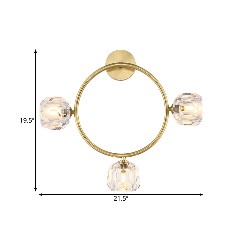 Ring/Square Wall Light Fixture Contemporary 3 Heads Brass Finish Wall Sconce with Modo Clear Crystal Shade Clearhalo 'Modern wall lights' 'Modern' 'Wall Lamps & Sconces' 'Wall Lights' Lighting' 1694793