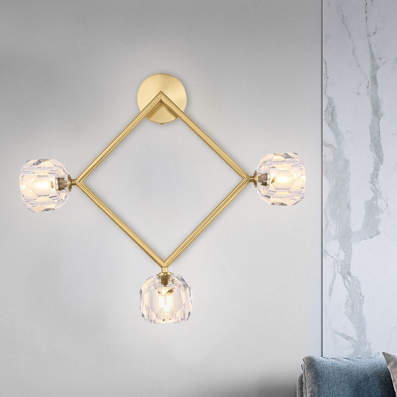 Ring/Square Wall Light Fixture Contemporary 3 Heads Brass Finish Wall Sconce with Modo Clear Crystal Shade Brass A Clearhalo 'Modern wall lights' 'Modern' 'Wall Lamps & Sconces' 'Wall Lights' Lighting' 1694794