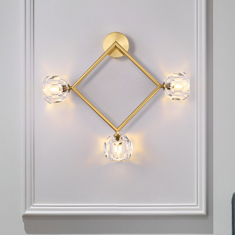 Ring/Square Wall Light Fixture Contemporary 3 Heads Brass Finish Wall Sconce with Modo Clear Crystal Shade Clearhalo 'Modern wall lights' 'Modern' 'Wall Lamps & Sconces' 'Wall Lights' Lighting' 1694795