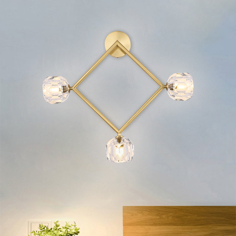 Ring/Square Wall Light Fixture Contemporary 3 Heads Brass Finish Wall Sconce with Modo Clear Crystal Shade Clearhalo 'Modern wall lights' 'Modern' 'Wall Lamps & Sconces' 'Wall Lights' Lighting' 1694796