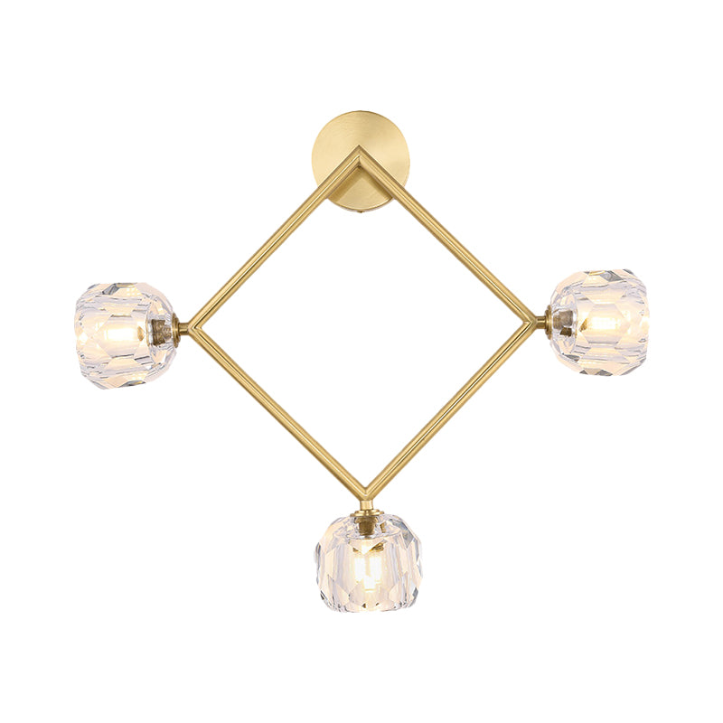Ring/Square Wall Light Fixture Contemporary 3 Heads Brass Finish Wall Sconce with Modo Clear Crystal Shade Clearhalo 'Modern wall lights' 'Modern' 'Wall Lamps & Sconces' 'Wall Lights' Lighting' 1694797
