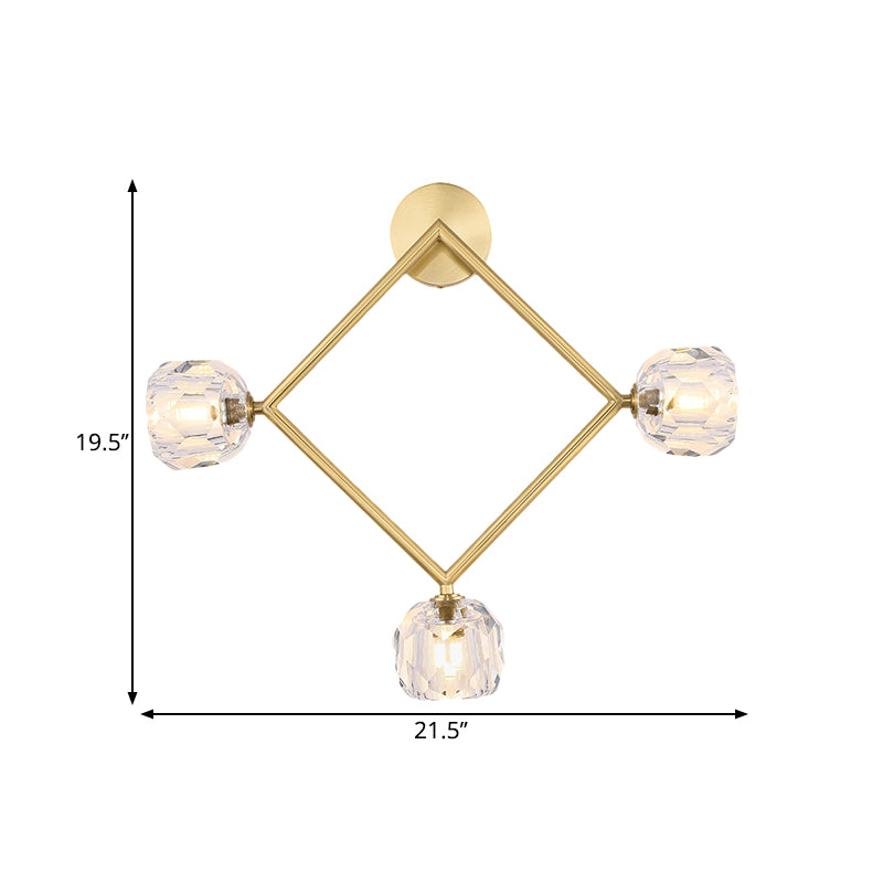 Ring/Square Wall Light Fixture Contemporary 3 Heads Brass Finish Wall Sconce with Modo Clear Crystal Shade Clearhalo 'Modern wall lights' 'Modern' 'Wall Lamps & Sconces' 'Wall Lights' Lighting' 1694798