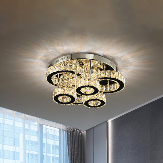 Contemporary LED Ceiling Lighting Chrome Circles Semi-Flush Mount with Crystal Block Shade in Warm/White Light Chrome Clearhalo 'Ceiling Lights' 'Close To Ceiling Lights' 'Close to ceiling' 'Semi-flushmount' Lighting' 1694799