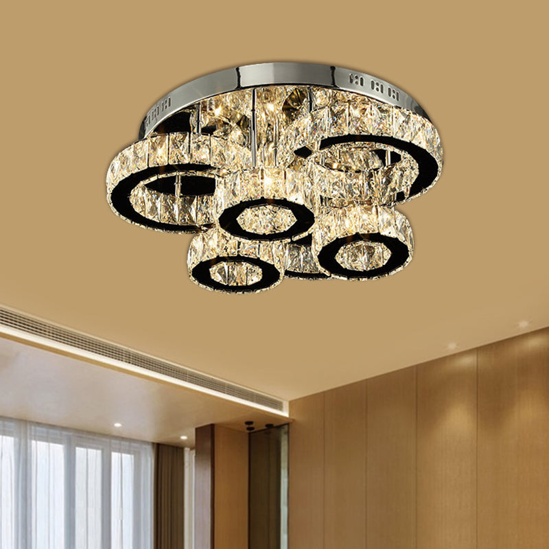 Contemporary LED Ceiling Lighting Chrome Circles Semi-Flush Mount with Crystal Block Shade in Warm/White Light Clearhalo 'Ceiling Lights' 'Close To Ceiling Lights' 'Close to ceiling' 'Semi-flushmount' Lighting' 1694800