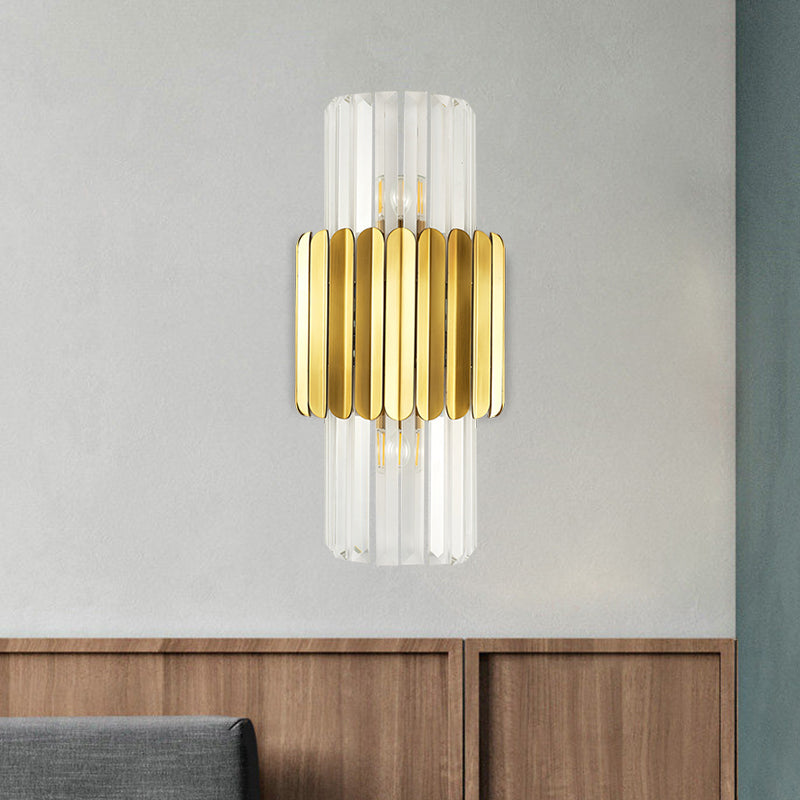 Half-Cylinder Sconce Light Fixture Minimalist Clear Crystal 2 Lights Bedroom Wall Lighting in Gold Gold Clearhalo 'Modern wall lights' 'Modern' 'Wall Lamps & Sconces' 'Wall Lights' Lighting' 1694871