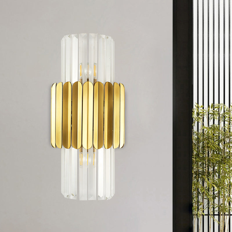 Half-Cylinder Sconce Light Fixture Minimalist Clear Crystal 2 Lights Bedroom Wall Lighting in Gold Clearhalo 'Modern wall lights' 'Modern' 'Wall Lamps & Sconces' 'Wall Lights' Lighting' 1694872
