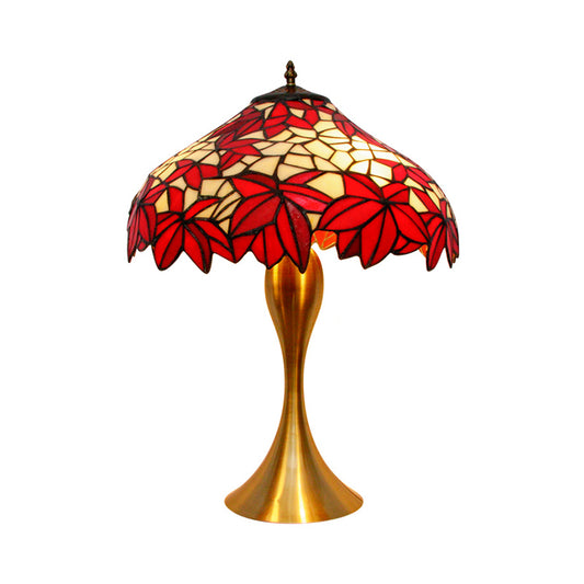 Traditional Leaf-Edge Bowl Desk Lamp 1 Bulb Handcrafted Stained Glass Night Light with Pull Chains in Red Clearhalo 'Lamps' 'Table Lamps' Lighting' 1694894