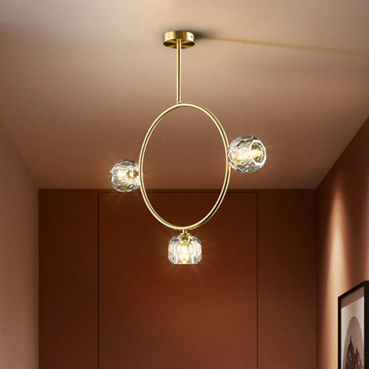 Minimal Loop Semi Flush Light Metal 3/6 Heads Corridor LED Ceiling Lighting in Gold with Ball Faceted Crystal Shade 3 Gold Clearhalo 'Ceiling Lights' 'Close To Ceiling Lights' 'Close to ceiling' 'Semi-flushmount' Lighting' 1694909