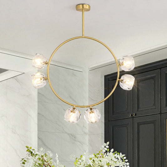 Minimal Loop Semi Flush Light Metal 3/6 Heads Corridor LED Ceiling Lighting in Gold with Ball Faceted Crystal Shade Clearhalo 'Ceiling Lights' 'Close To Ceiling Lights' 'Close to ceiling' 'Semi-flushmount' Lighting' 1694914