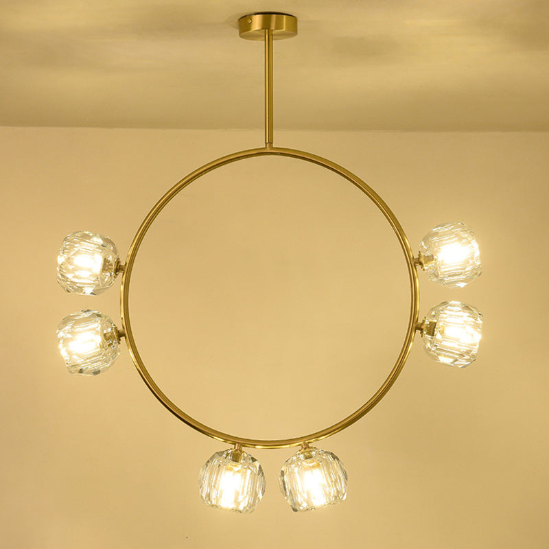 Minimal Loop Semi Flush Light Metal 3/6 Heads Corridor LED Ceiling Lighting in Gold with Ball Faceted Crystal Shade Clearhalo 'Ceiling Lights' 'Close To Ceiling Lights' 'Close to ceiling' 'Semi-flushmount' Lighting' 1694915