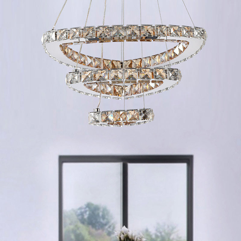 3-Tier Semicircle Hanging Chandelier Modern Faceted Crystal LED Restaurant Drop Pendant in Chrome Chrome Clearhalo 'Ceiling Lights' 'Chandeliers' 'Modern Chandeliers' 'Modern' Lighting' 1694918