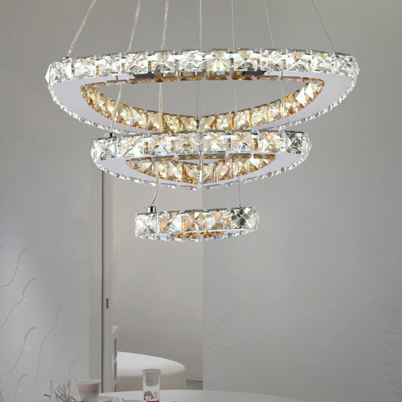 3-Tier Semicircle Hanging Chandelier Modern Faceted Crystal LED Restaurant Drop Pendant in Chrome Clearhalo 'Ceiling Lights' 'Chandeliers' 'Modern Chandeliers' 'Modern' Lighting' 1694919