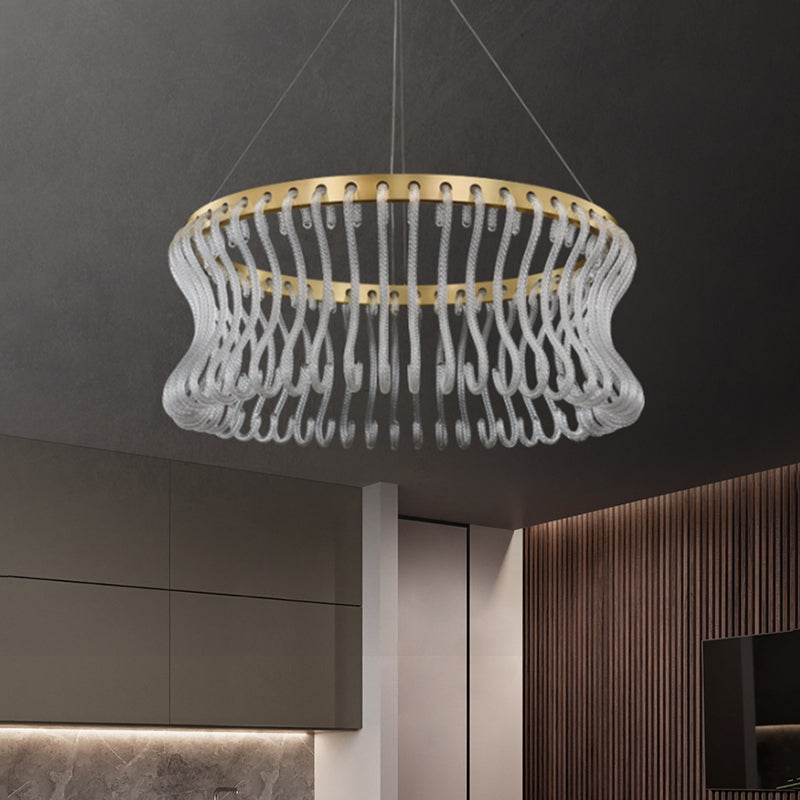 Modernist LED Hanging Chandelier Gold Finish Round Ceiling Light with Crystal Rod Shade Gold Clearhalo 'Ceiling Lights' 'Chandeliers' 'Modern Chandeliers' 'Modern' Lighting' 1695029