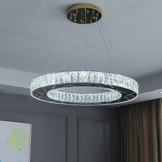 Circular Hanging Light Fixture Modernist Clear Crystal Block Stainless-Steel LED Chandelier Lamp for Bedroom Stainless-Steel Clearhalo 'Ceiling Lights' 'Chandeliers' 'Modern Chandeliers' 'Modern' Lighting' 1695041