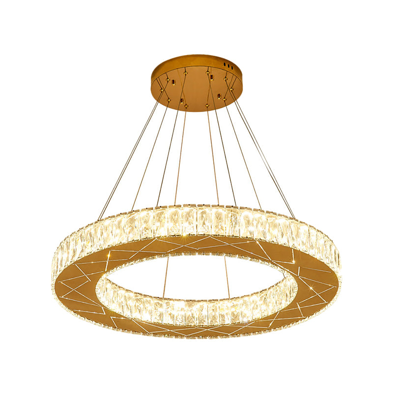 Circular Hanging Light Fixture Modernist Clear Crystal Block Stainless-Steel LED Chandelier Lamp for Bedroom Clearhalo 'Ceiling Lights' 'Chandeliers' 'Modern Chandeliers' 'Modern' Lighting' 1695043
