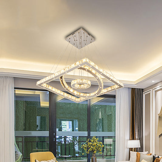 LED Living Room Ceiling Lamp Simple Stainless-Steel Chandelier with Round and Square Crystal Shade in Warm/White Light Stainless-Steel Clearhalo 'Ceiling Lights' 'Chandeliers' 'Modern Chandeliers' 'Modern' Lighting' 1695061