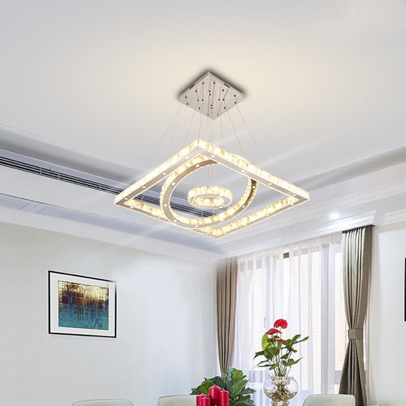 LED Living Room Ceiling Lamp Simple Stainless-Steel Chandelier with Round and Square Crystal Shade in Warm/White Light Clearhalo 'Ceiling Lights' 'Chandeliers' 'Modern Chandeliers' 'Modern' Lighting' 1695062