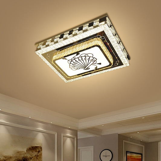 Oblong Drawing Room Ceiling Light Crystal Block LED Modernism Flush Mount with Folding Fan Pattern in Chrome Chrome Clearhalo 'Ceiling Lights' 'Close To Ceiling Lights' 'Close to ceiling' 'Flush mount' Lighting' 1695069