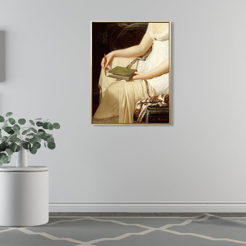 Woman with A Notebook Painting Vintage Textured Bedroom Wall Art in Yellow Yellow Clearhalo 'Arts' 'Canvas Art' 1695133