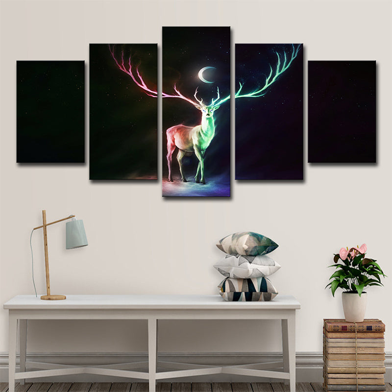 Cartoon Elk and Crescent Canvas Print Green Child Bedroom Wall Art Decor, Multi-Piece Clearhalo 'Art Gallery' 'Canvas Art' 'Kids' Arts' 1695170